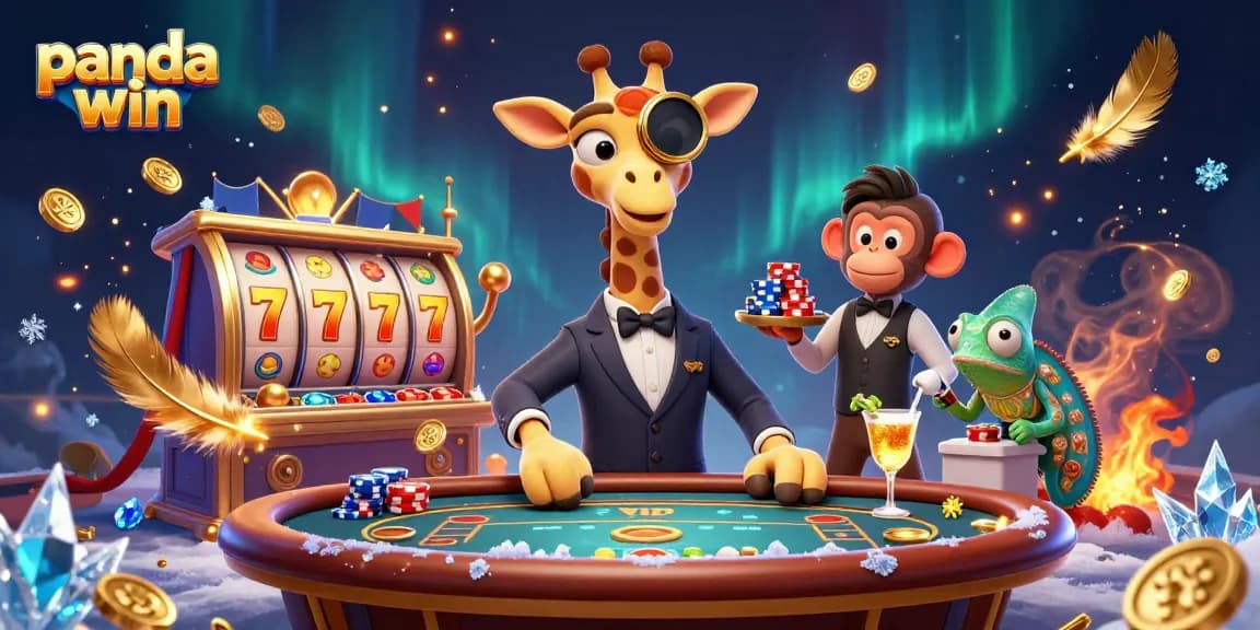 Spin to win with panda win as a high-roller giraffe and friends in a vibrant casino scene.