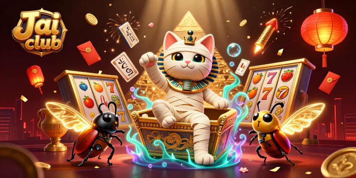Join Jai club for gaming excitement with spinning slot reels and colorful characters in a vibrant casino.