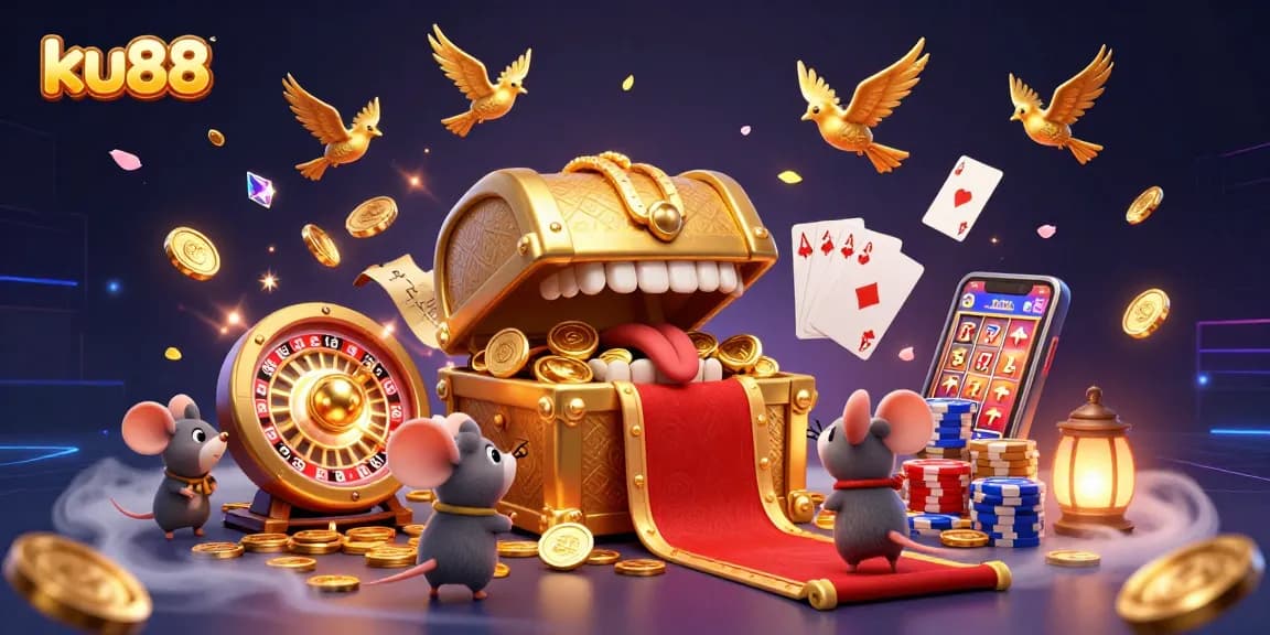 Engage with ku88's exciting golden treasure chest theme in this dynamic casino scene.