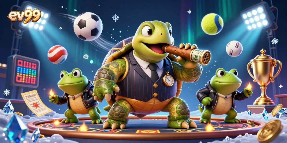 Experience the excitement of ev99 casino with a vibrant 3D scene of a turtle and bullfrogs, capturing thrilling bets and wins.