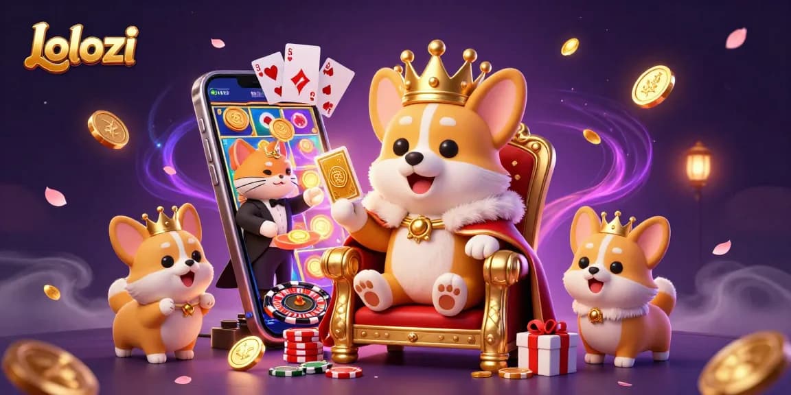Lolozi presents a royal casino scene with a crowned corgi on a poker chip throne.