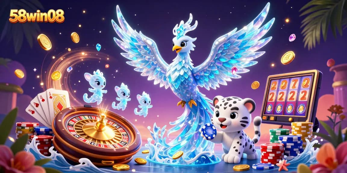 Win big at 58win08 with a vibrant 3D illustration showcasing casino excitement, featuring an ice phoenix and poker fun.