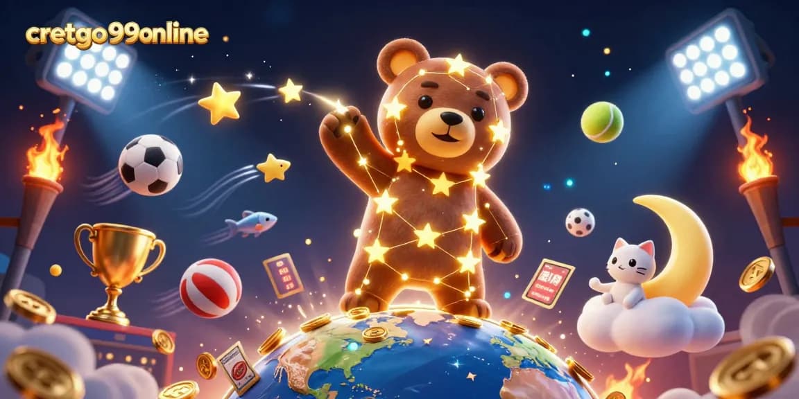 Engage with cretgo99online as the constellation bear scoops coins amidst dynamic sports elements.