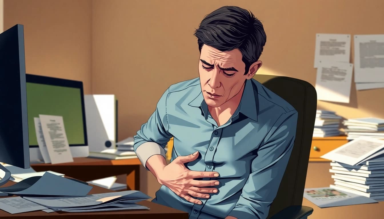 Anxiety stomach pain feels like tight knots; a person clutching their abdomen shows this discomfort.
