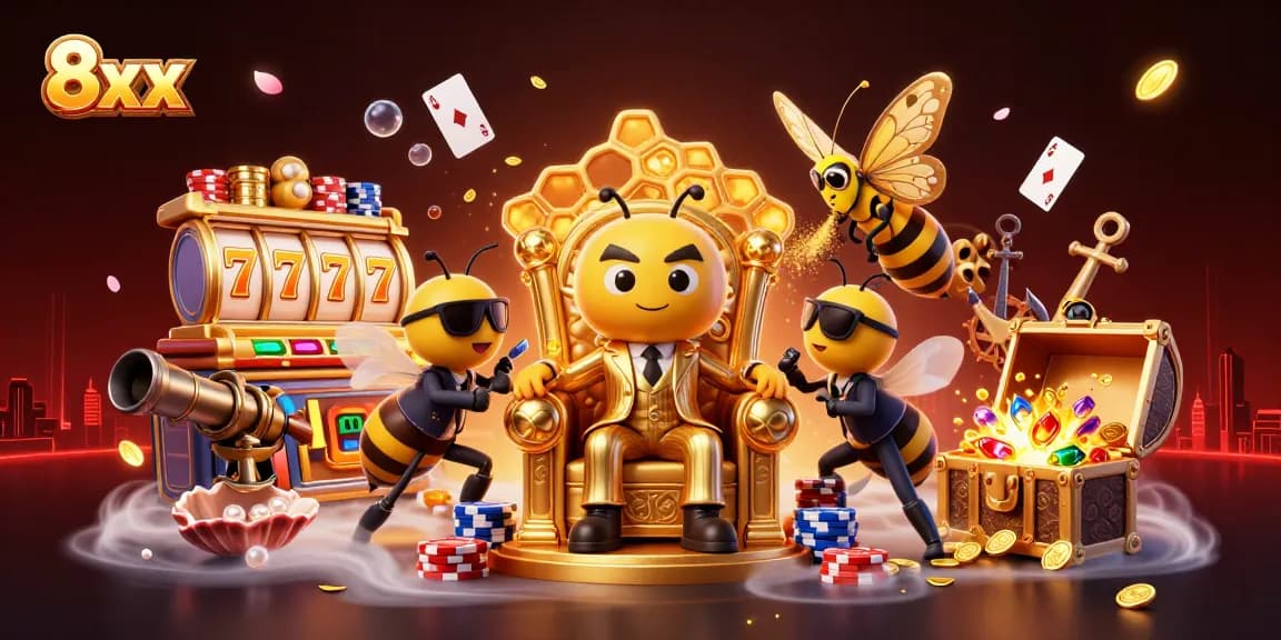 Play thrilling games at 8xx with glowing slot reels and vibrant casino elements around lively characters.