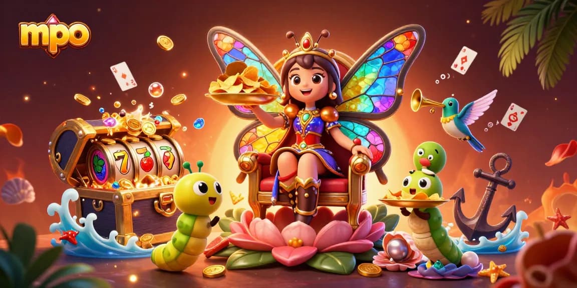 MPO casino features a vibrant scene with a butterfly queen and slot elements, showcasing winning potential.