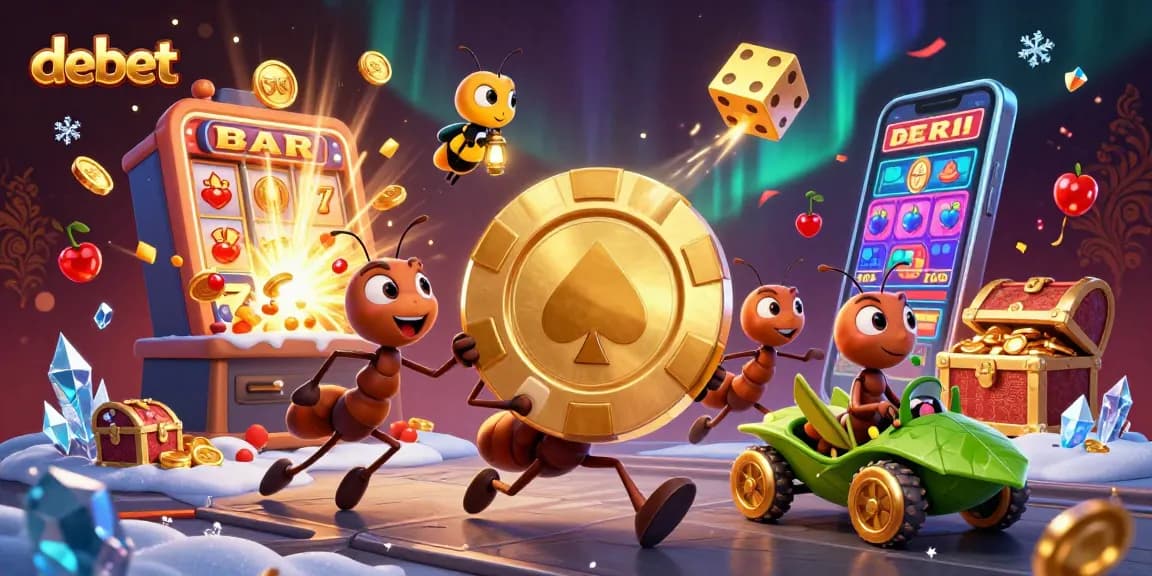 Experience debet excitement with the team of ants racing to carry a giant poker chip in this dynamic casino illustration.
