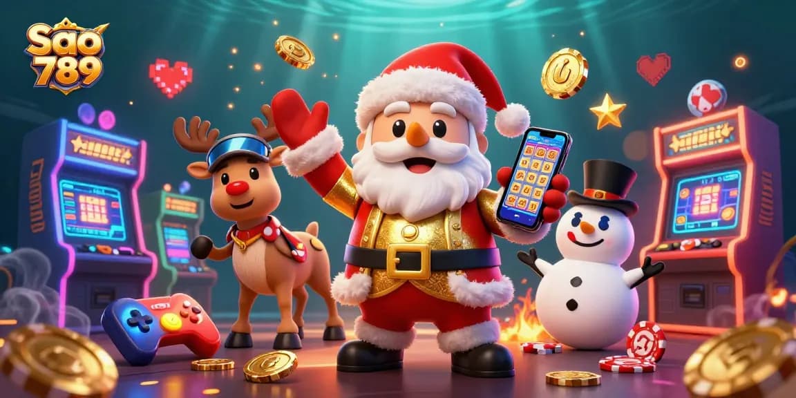 Savor the excitement at Sao 789 with a lively casino-themed scene featuring Santa, a reindeer dealer, and a poker chip snowman enjoying jackpot slots.