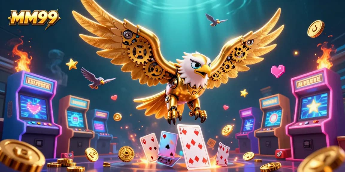 Experience thrilling MM99 action with a golden eagle and holographic cards in a vibrant casino setting.
