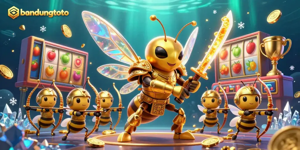 Experience bandungtoto with a vibrant 3D illustration showcasing a samurai hornet and slot machine elements.