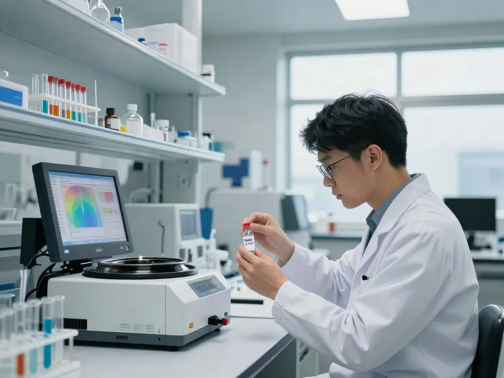 Researcher analyzing NAD+ peptide in a modern lab, showcasing advanced scientific techniques.