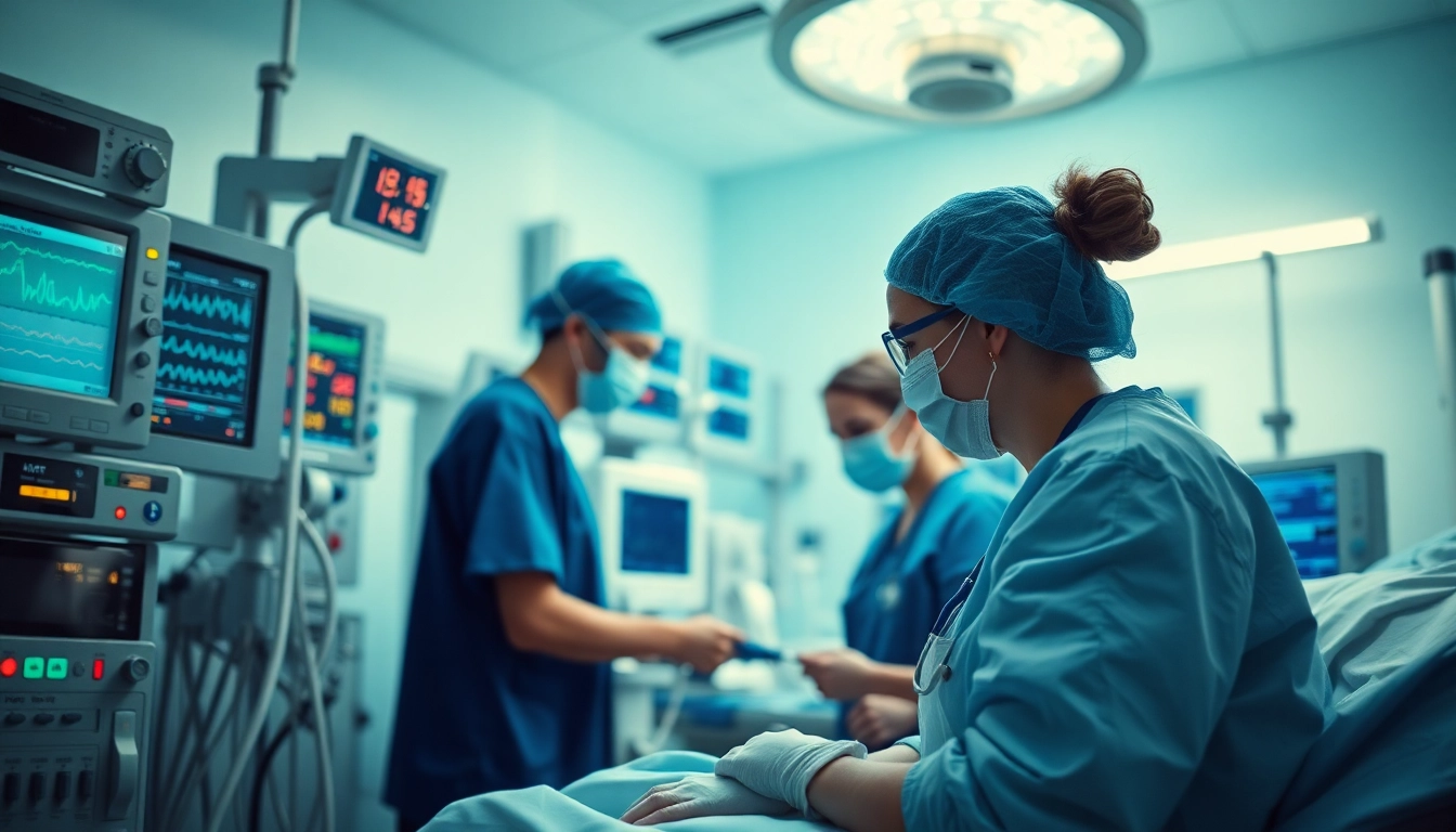 Healthcare professionals tending to a patient in an Intensive Care Unit (ICU) with advanced medical technology.