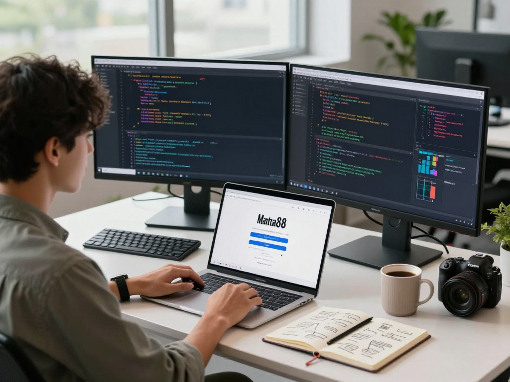 Professional workspace showing mantra88 login interface on laptop amidst coding activities in a bright office.