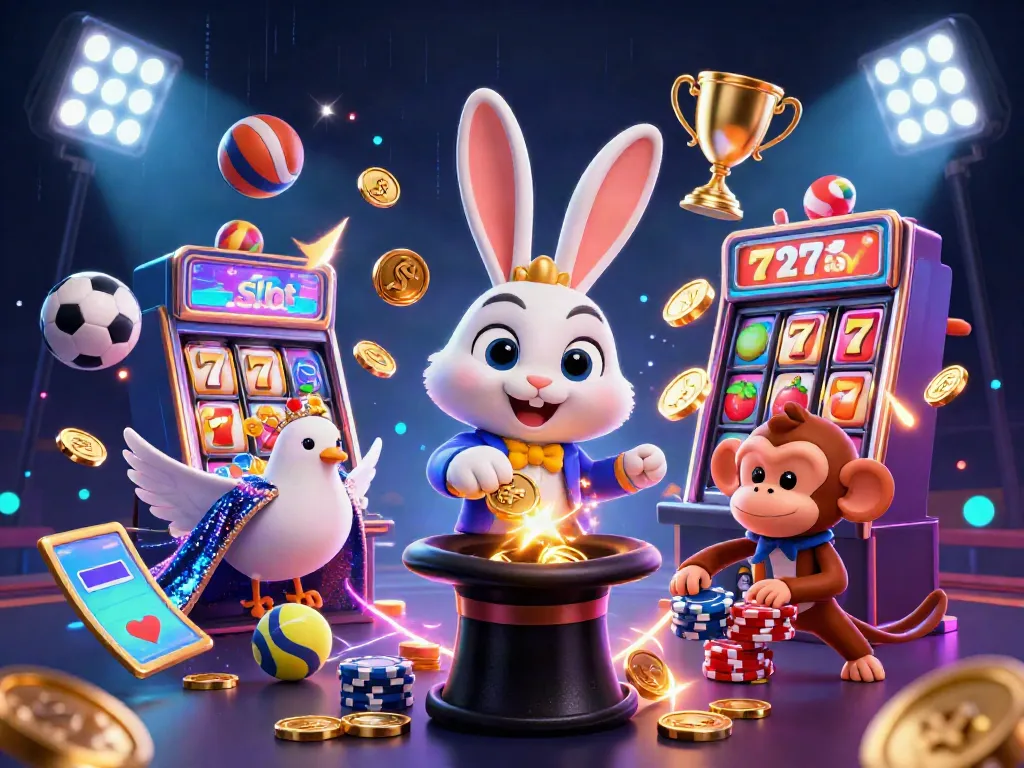 Bermain slot dengan gambar kelinci penyihir menarik koin emas dan simbol buah.