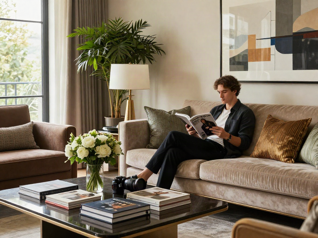 LUXURY111 menggambarkan suasana ruang tamu mewah yang elegan dengan furnitur modern dan pencahayaan alami.
