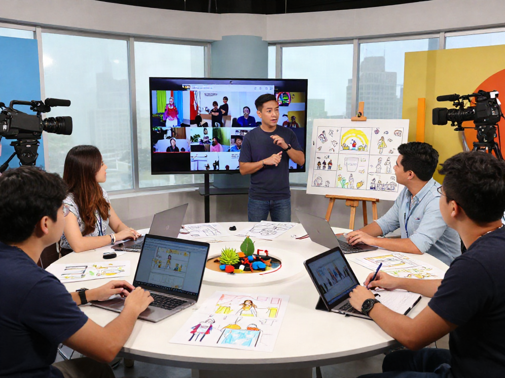 Collaborative content creators at kapamilyachannel.com studio brainstorming new show ideas in a vibrant modern setting.