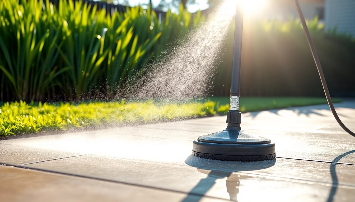 Driveway cleaning using a pressure washer to remove dirt and stains from the concrete surface.