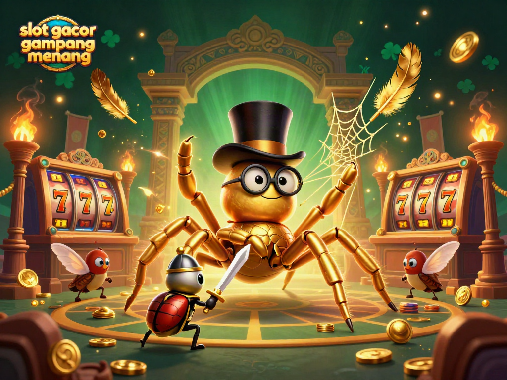 Experience slot gacor gampang menang with a vibrant 3D scene of a golden tarantula, beetle knight, and casino elements.