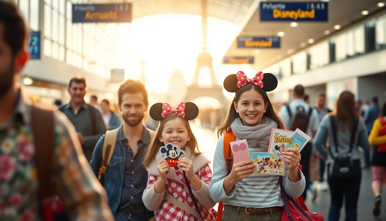 Families excitedly heading for transfers from paris airport to disneyland with vibrant airport backdrop