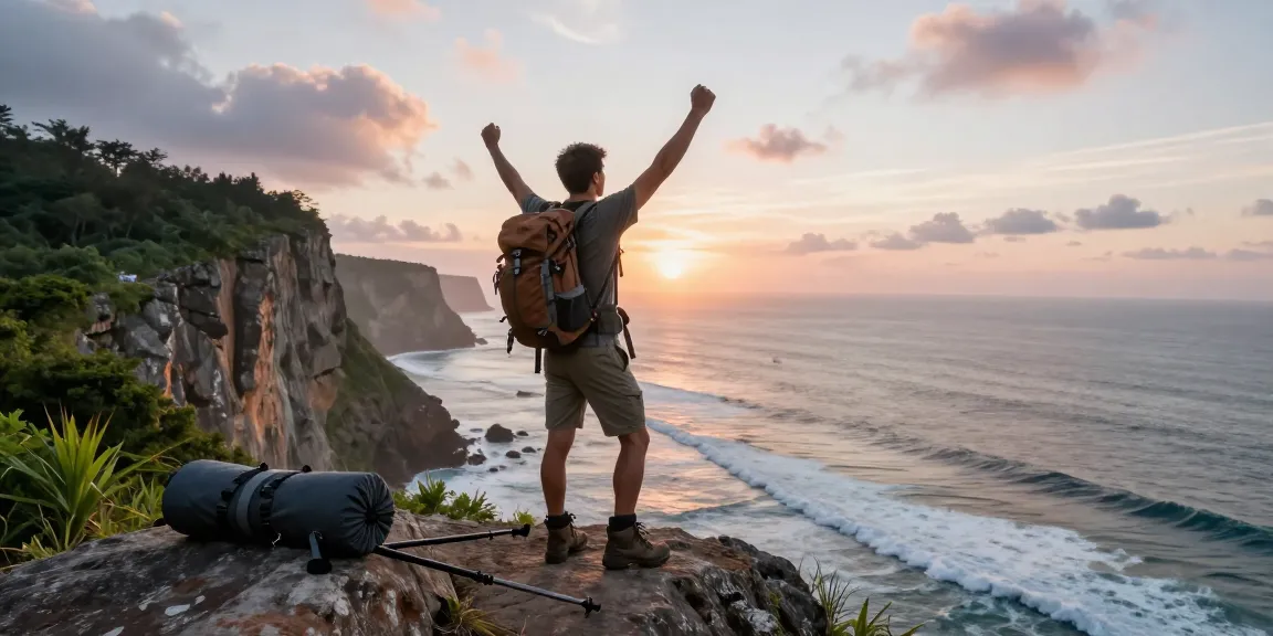 Adventurer at sunrise celebrating their journey with jacktoto beside a breathtaking coastal cliff.