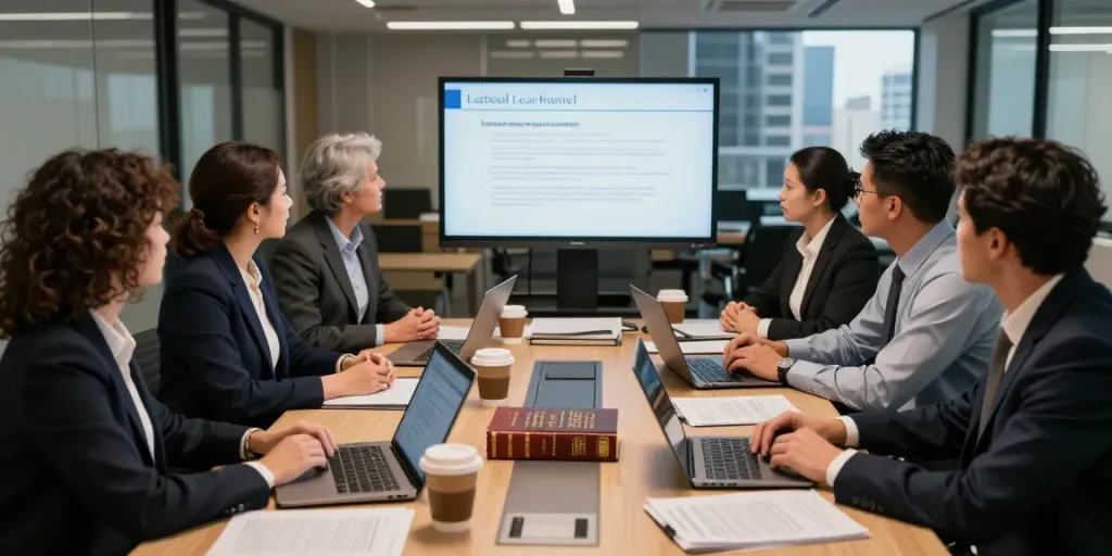 Lead Roedl team collaborating in a modern law office, showcasing professional legal expertise.