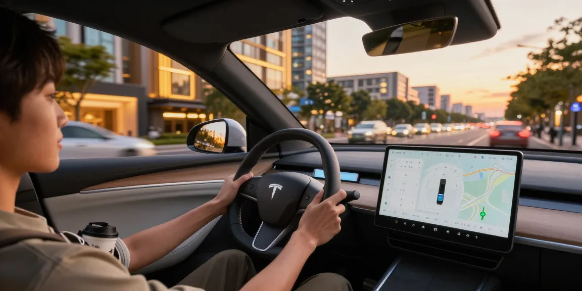 Person driving the NAGA2000 electric vehicle through an urban sunset, showcasing advanced tech features.
