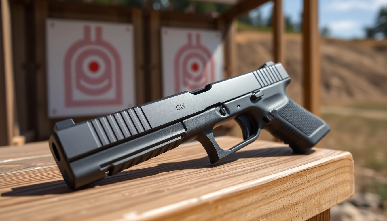 Showcasing the Glock 48 complete slide with a polished finish in an outdoor shooting range.
