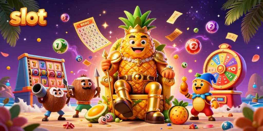 Slot mesin menampilkan raja nanas emas dengan latar belakang kasino penuh warna dan elemen slot.
