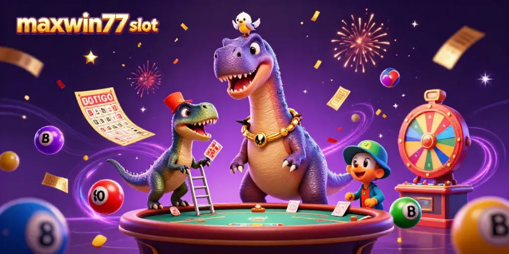 Experience the excitement of maxwin77 slot with a breathtaking 3D casino scene featuring dynamic characters and vibrant game elements.