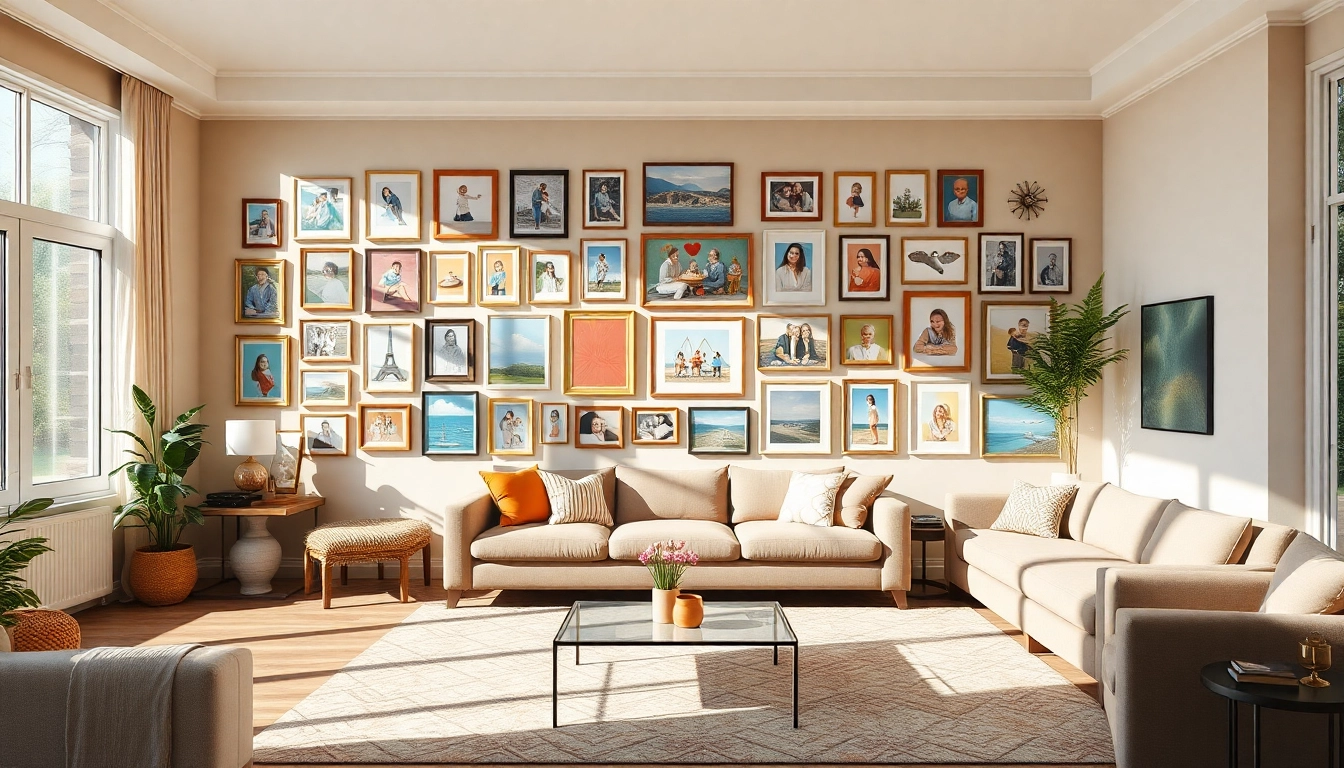 Transform your space with a creative photo wall displaying memorable moments and artistic designs.