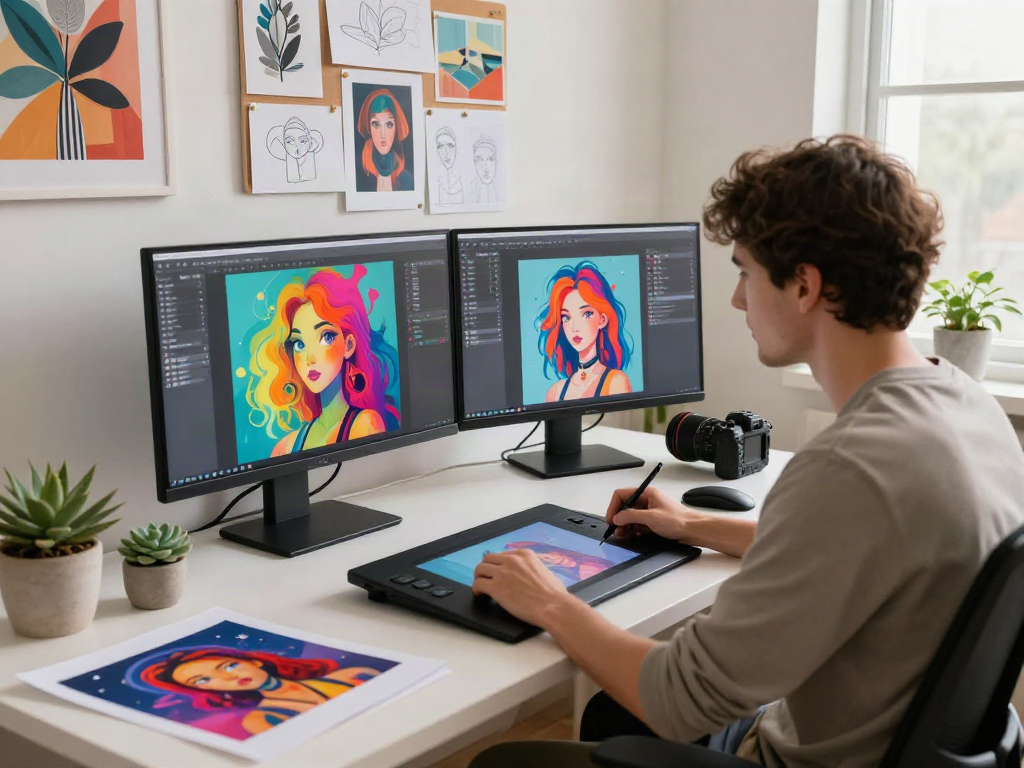 AI Image Detection scene of a digital artist creating AI-generated images in a modern workspace.