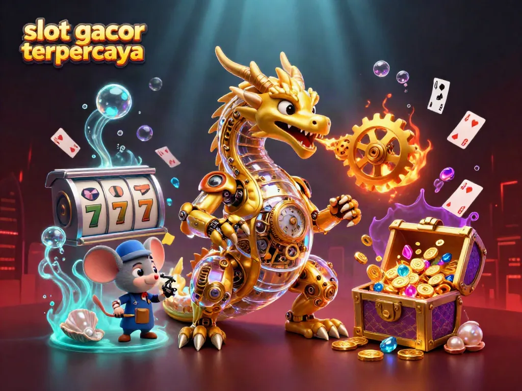 Pemain menikmati slot gacor terpercaya dalam ilustrasi 3D dengan naga emas dan elemen kasino.