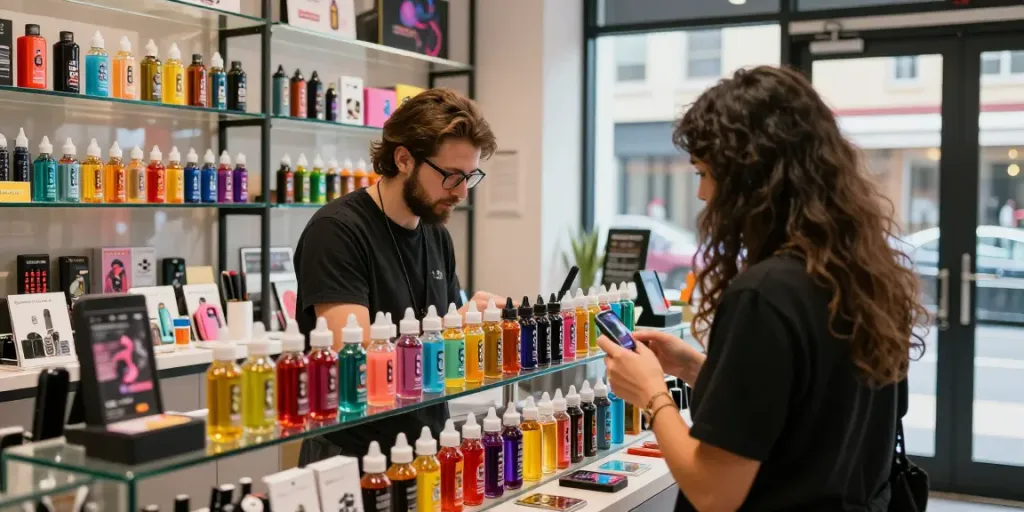 Colorful vape juice selection in a vibrant shop, showcasing vape juice online options.