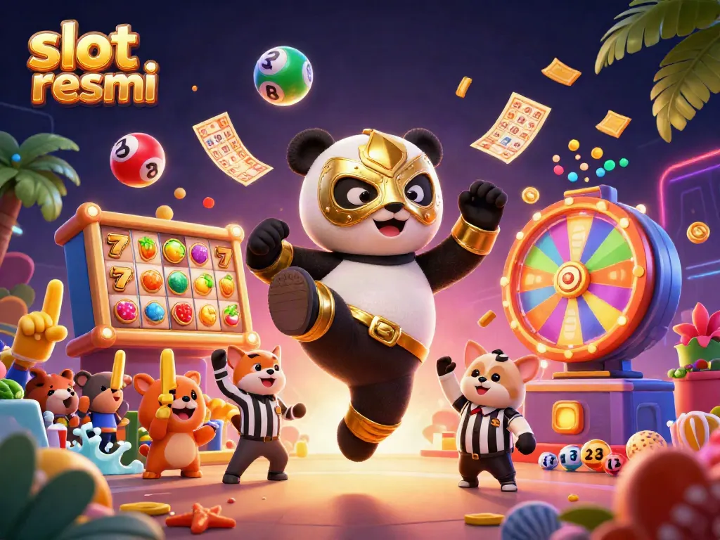 Experience big wins at slot resmi with a lively 3D scene featuring a wrestling panda and exciting game elements.
