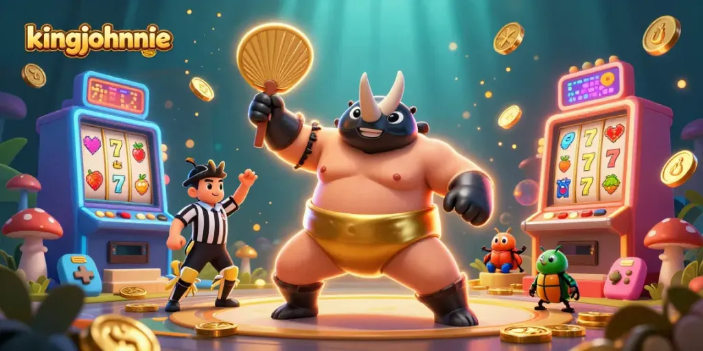 KingJohnnie's thrilling online casino scene, featuring dynamic characters and vibrant slot machines