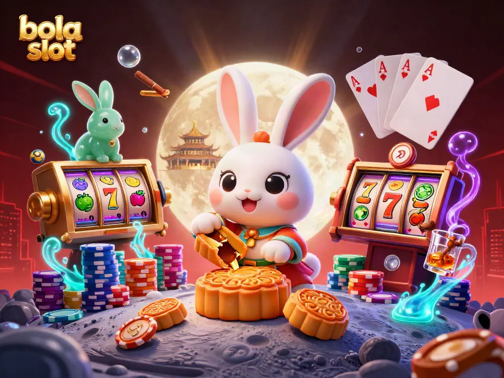Play bola slot with animated moon rabbit and vibrant casino elements in a dynamic online scene.