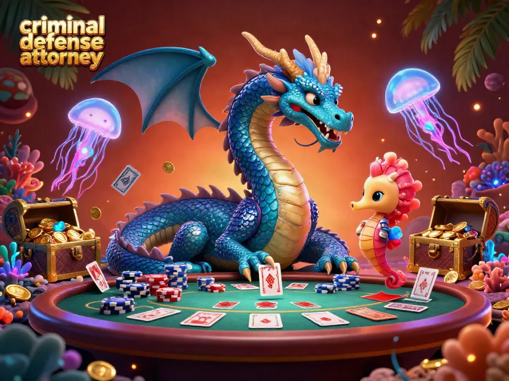 Engage in high-stakes gaming with a criminal defense attorney at a vibrant poker table surrounded by mystical oceanic elements.
