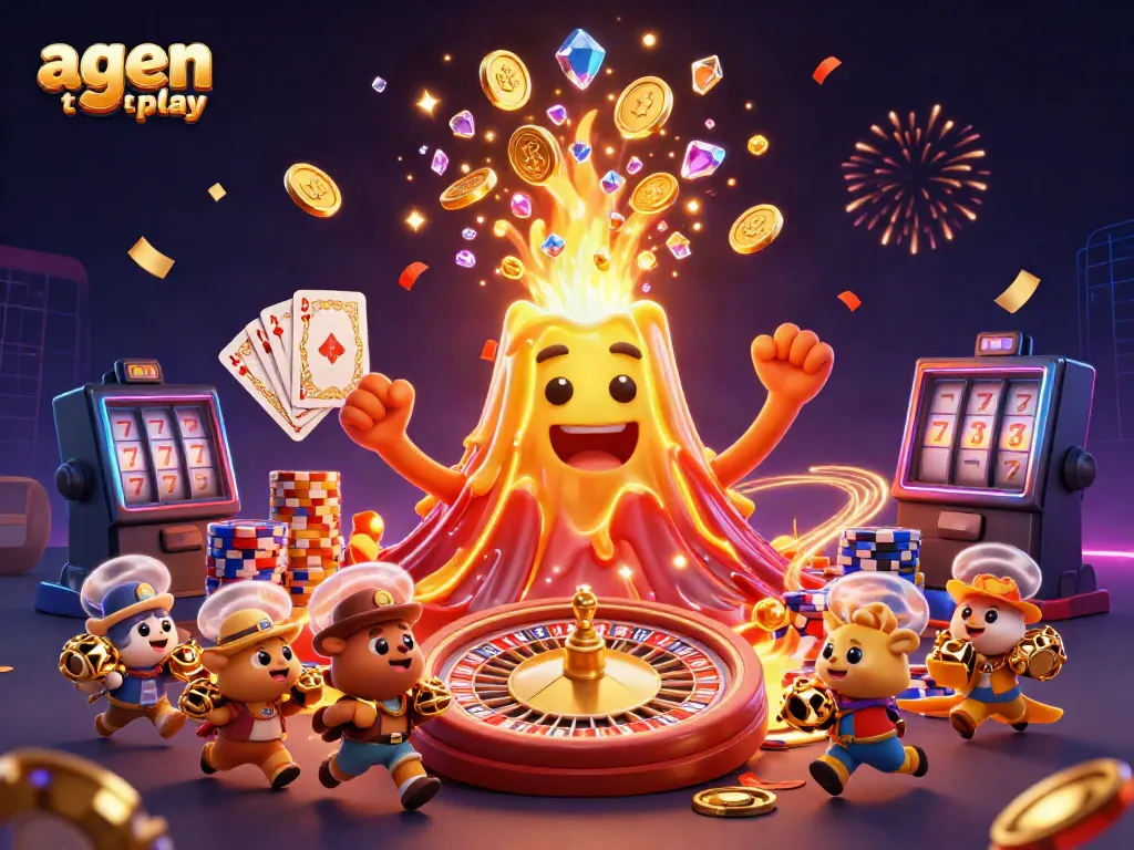Experience the excitement of agen toto play with a golden volcano erupting coins and gems in a vibrant scene.