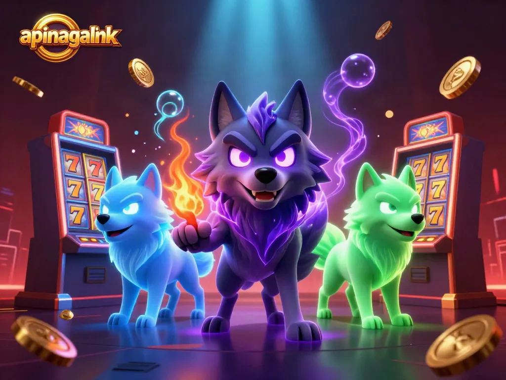 Experience excitement with apinagalink as spectral wolves spin lucky slot machines amid golden coins.