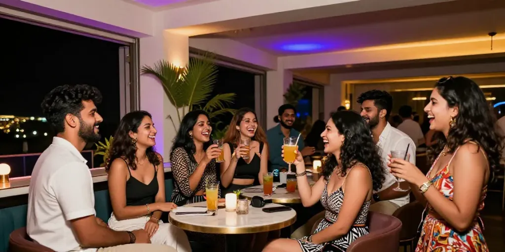 Goa call girls enjoying a vibrant nightlife scene at an upscale bar.