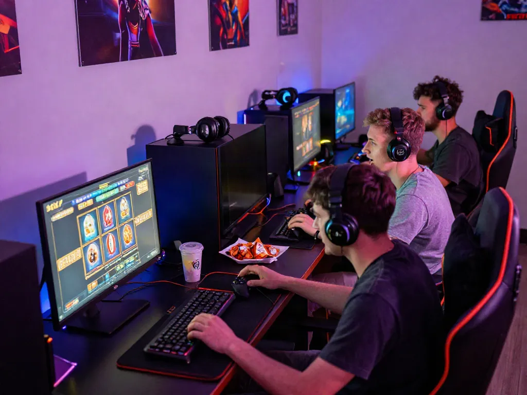 Friends enjoying สล็อตเว็บตรง online gaming in a vibrant atmosphere.