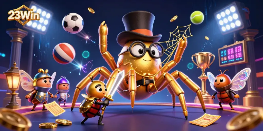 Engage with 23Win's vibrant casino adventure featuring a golden tarantula and beetle knight.