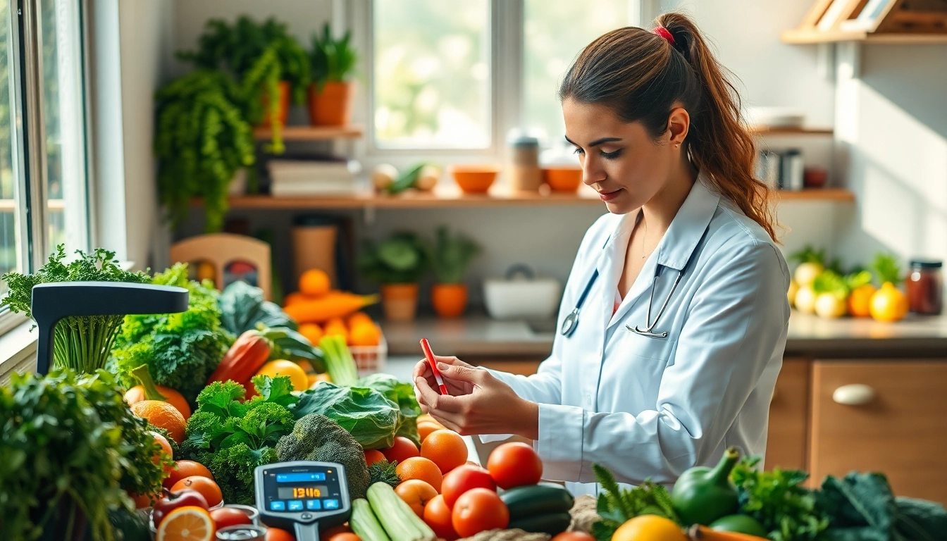 Nutritionist analyzing a Weight Loss Diet with fresh produce and tools in a sunlit kitchen.