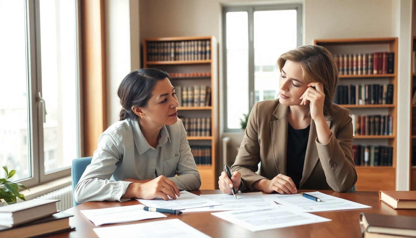 Couple reviewing Family Law Financial Agreements in a professional office environment discussing terms.