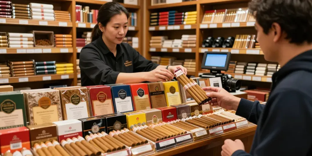 Buying cheap tobacco online Australia with a warm retail atmosphere showcasing premium loose tobacco products.