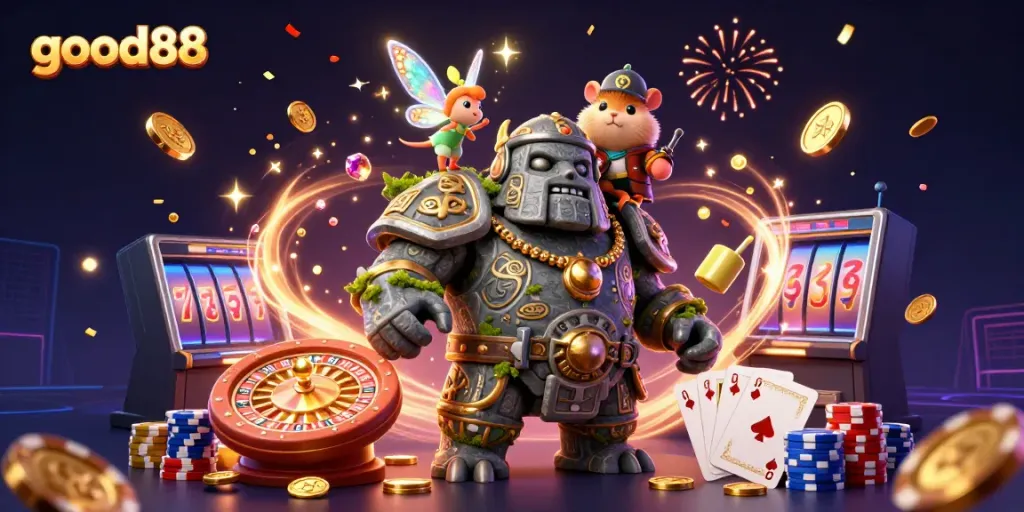 Experience the magic of good88 with a 3D casino illustration featuring a golem, fairy, and hamster knight amidst coins and games.