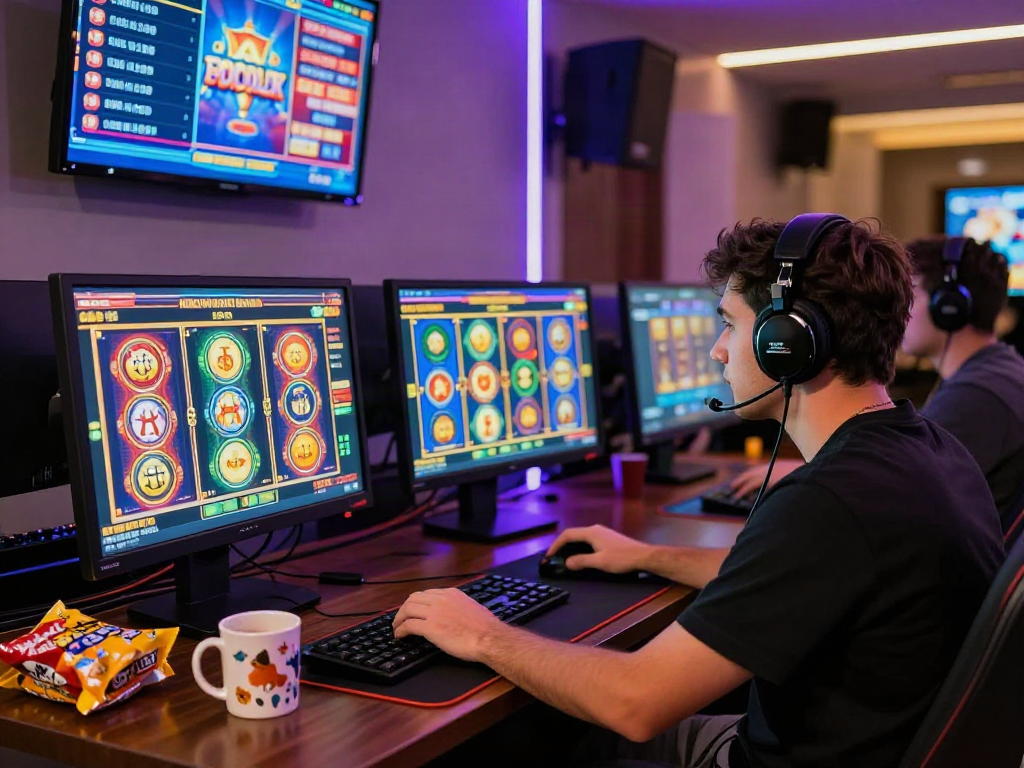 Player immersed in online slot online terpercaya gaming, vibrant slot machine visuals enhancing excitement in a cozy home setup.
