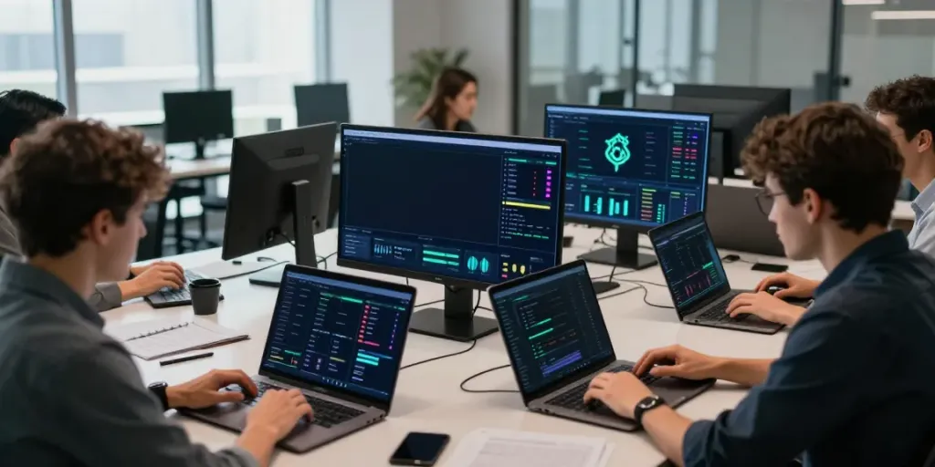 NSE market data API visualized on multiple screens in a vibrant blockchain trading office.