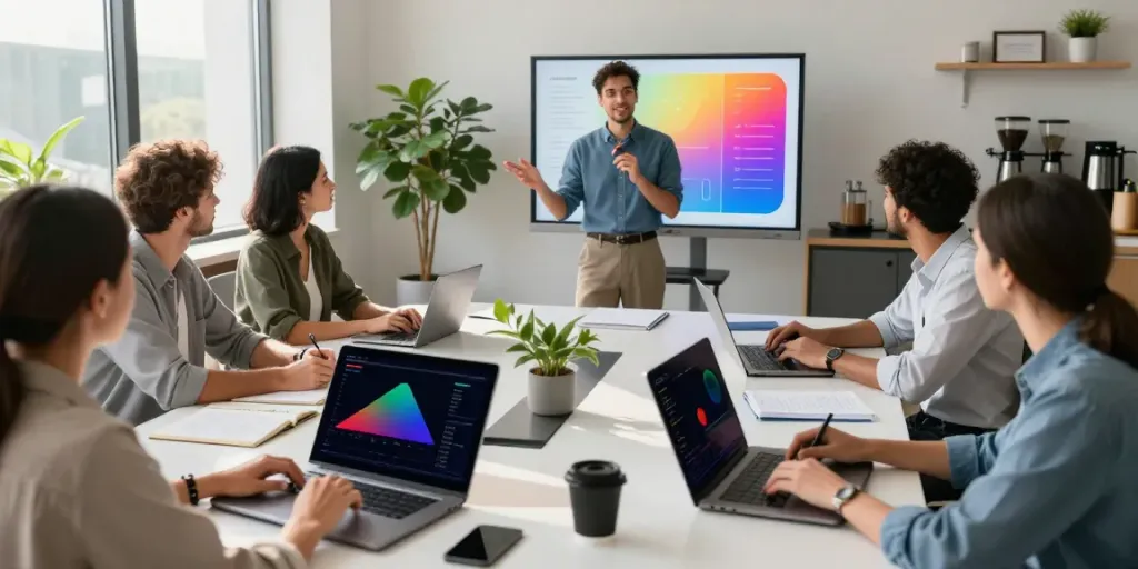 Collaboration at an online marketing bureau Gouda, showcasing teamwork and analytics in a modern office.
