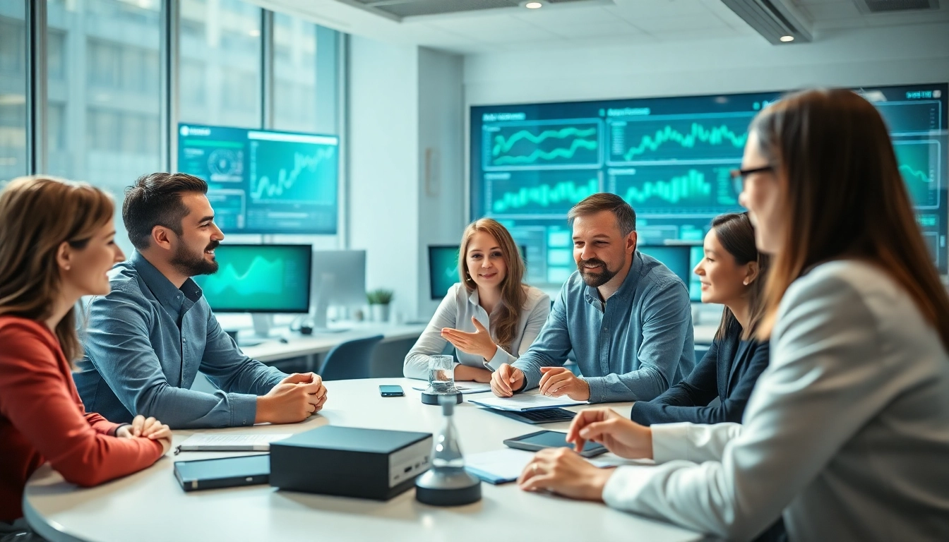 AI agents collaborating in a modern office, showcasing teamwork and technology integration.